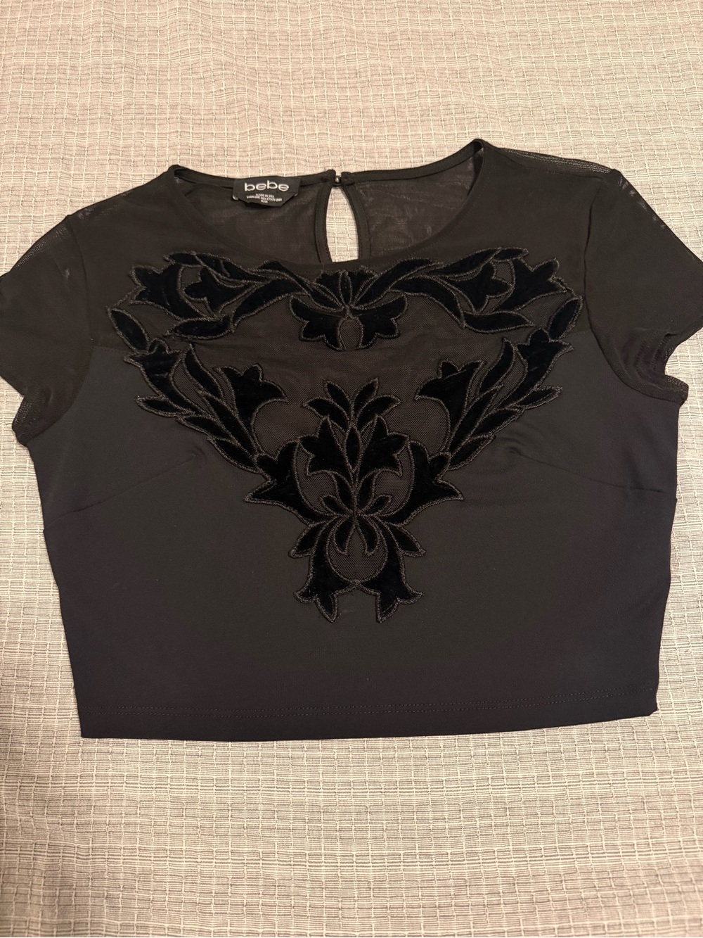bebe Black Embroidered Velvet Appliqué Crop Top